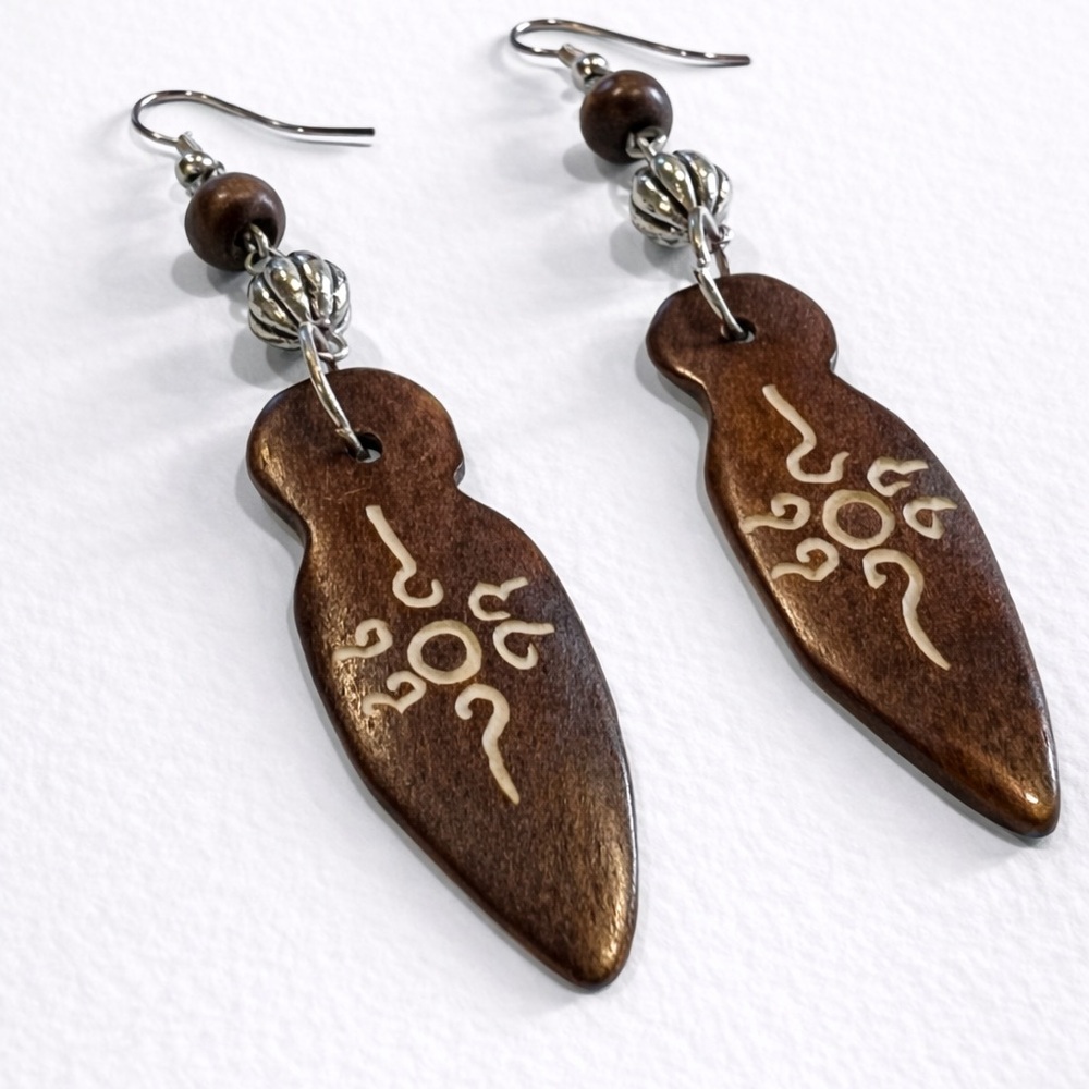 Surfer Ocean Boho Tribal Wood Dangle Earring Hand Painted Rustic Statement